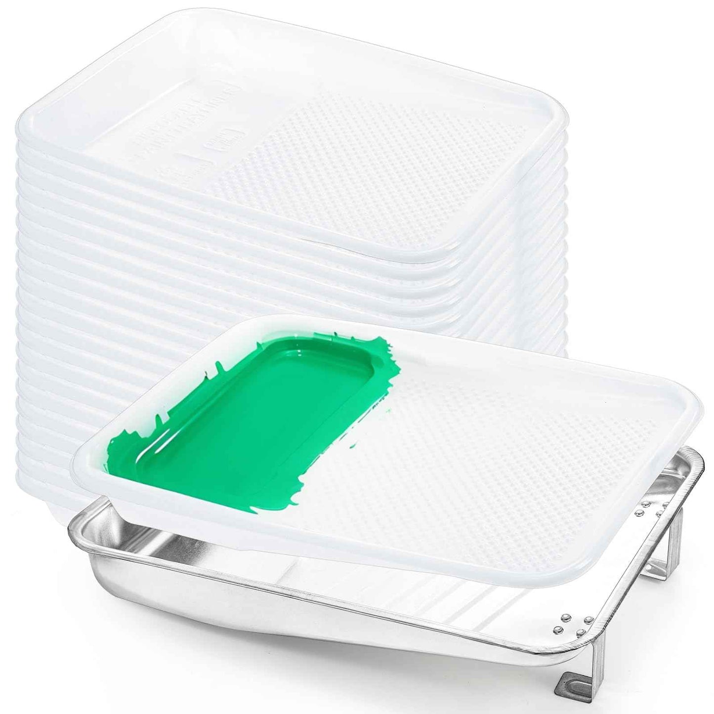 Jucoan 9 Inch Paint Tray and Liners Set, 20 Pcs Plastic Paint Tray Liners and 1 Pc Metal Paint Roller Tray, Easy to Clean Paint Pan with Disposable Paint Pan Liners for for DIY Home Wall Painting