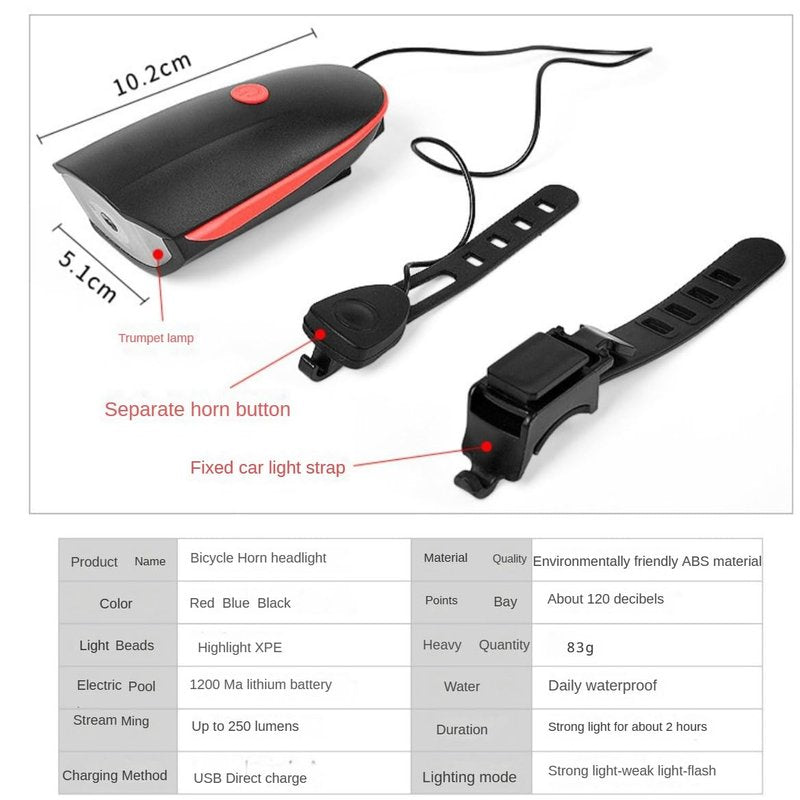 Bicycle Light and Bell Set High Lumens Bike Headlight with Horn USB Rechargeable and Waterproof (Black)