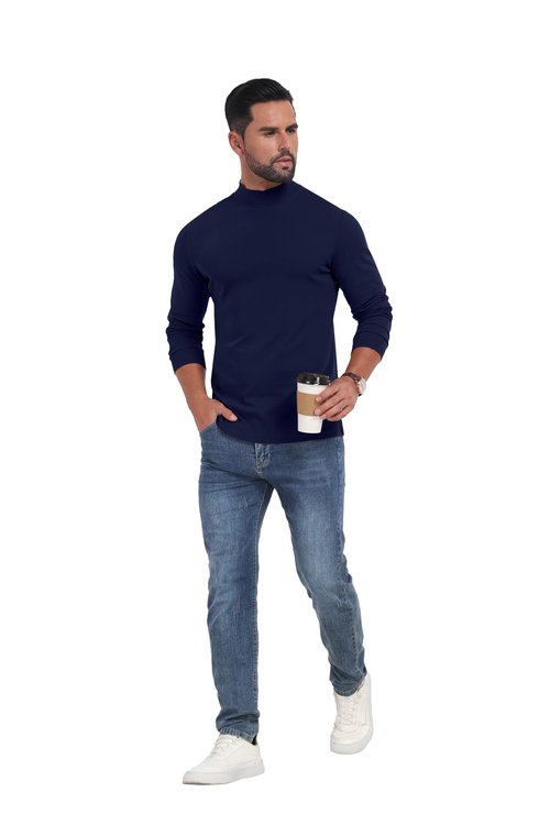 Sailwind Men Mock Neck Cotton Long Sleeve T Shirt Lightweight Base Layer Basic Pullover Navy Blue