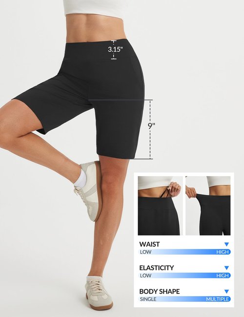 baleaf Women's Bermuda Shorts 9" Knee Length High Waisted Long Shorts with Zipper Pockets Golf Shorts for Women Walking Travel Athletic Running Hiking Workout Black M