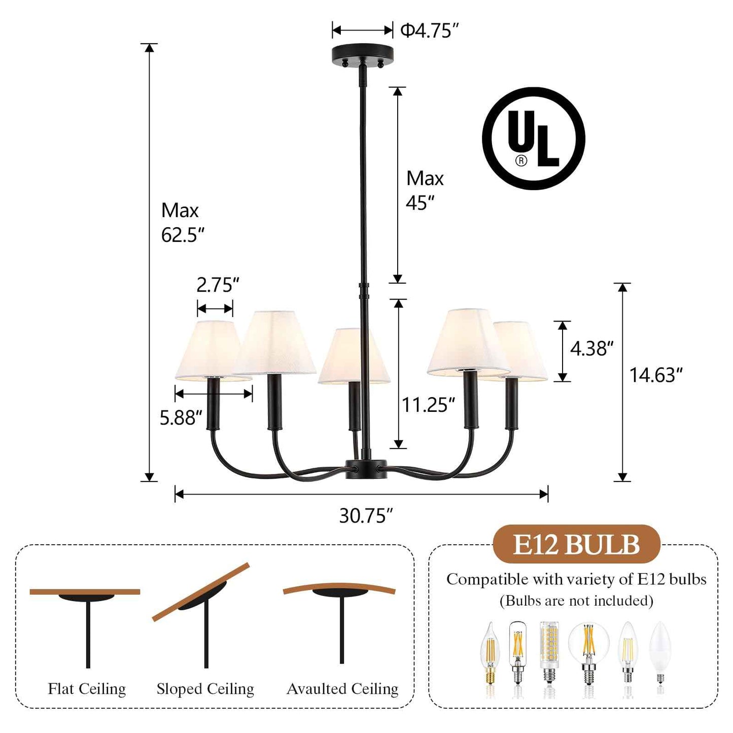 Black Farmhouse Chandeliers with White Fabric Shades, 5-Light Modern Chandelier for Dining Room Light Fixture 30’’ Large Linear Pendant Light Fixture for Kitchen Bedroom Living Room,UL Listed