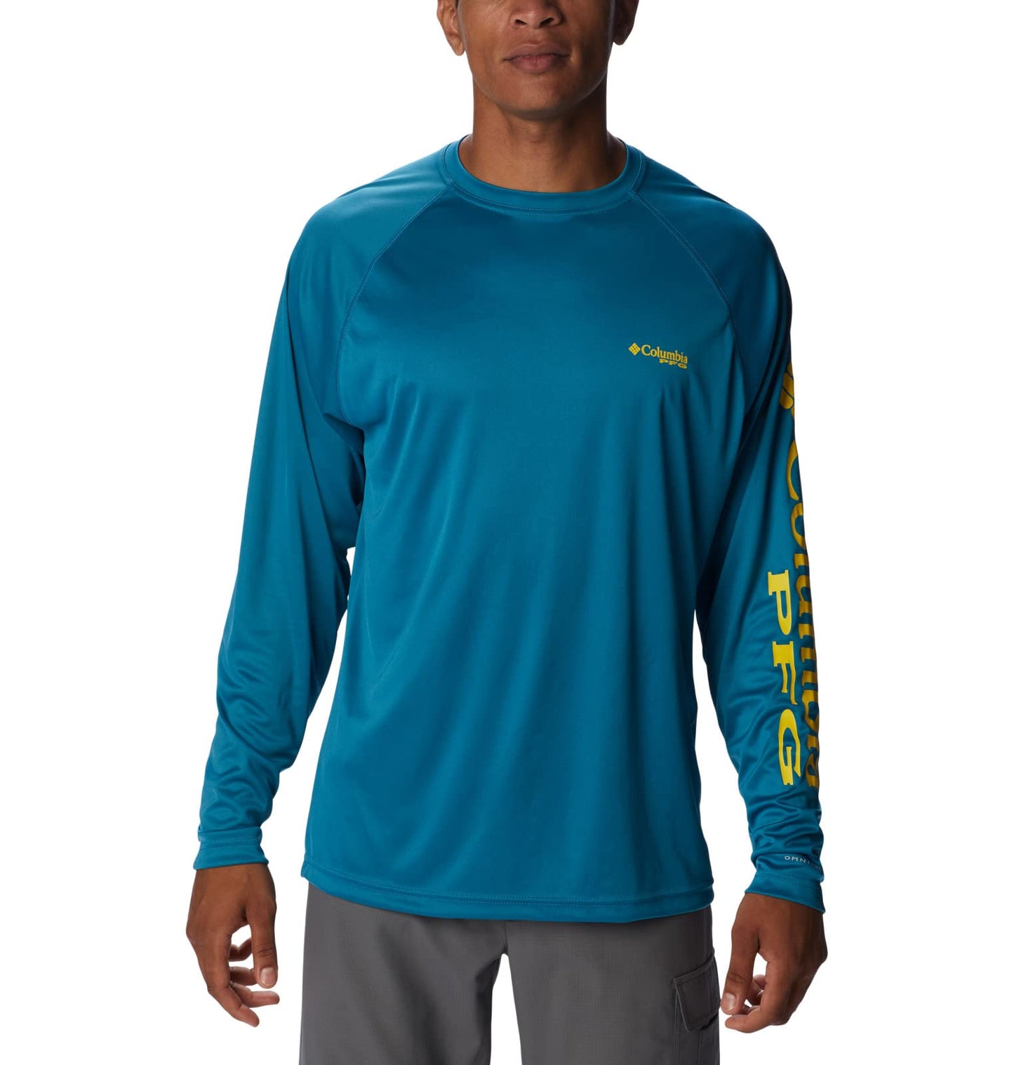 Columbia Men's Terminal Tackle Long Sleeve Fishing Shirt, Deep Marine/Laser Lemon Logo, X-Small