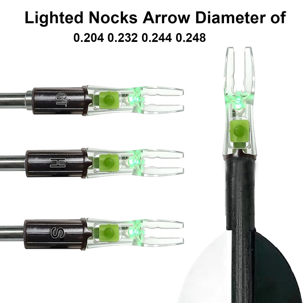NoxDyn 12-Pack Green LED Lighted Nocks - Auto-Illuminated, High Visibility, Universal Fit .204 .233 .244 .246 ID X/H/S/GT Bushings