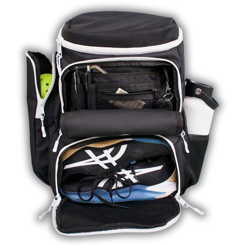 PBAW Pickleball Backpack Bag – Fits 2-4 Paddles, Vented Shoe Compartment, 14 Pockets, Fence Hook & Dual XL Bottle Holders – Lightweight Carry-On Gear Bag for Men & Women - Black/White