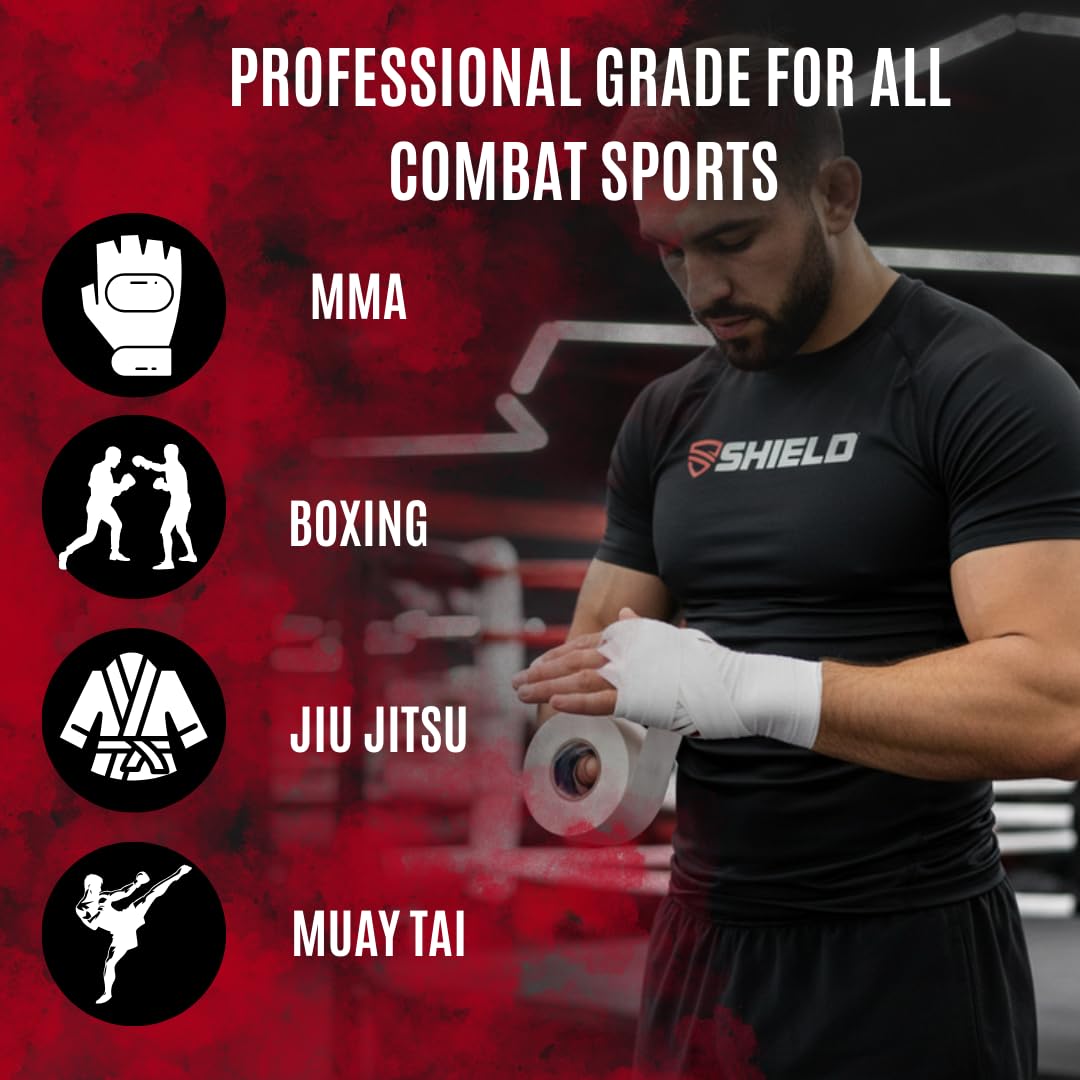 SHIELD Combat Tape | Boxing Tape for Hands, USA Made, Athletic Tape 1 inch, Easy-Tear, 1" Inch x 10 Yards, 6 Pack, Boxing MMA, Muay Thai, White