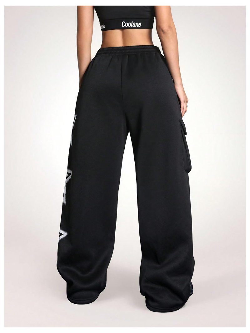 BEAUDRM Women's Y2k Baggy Sweatpants Star Print Drawstring Elastic Waist Baggy Pants Wide Leg Fleece Lined Cargo Sweatpants Black Large