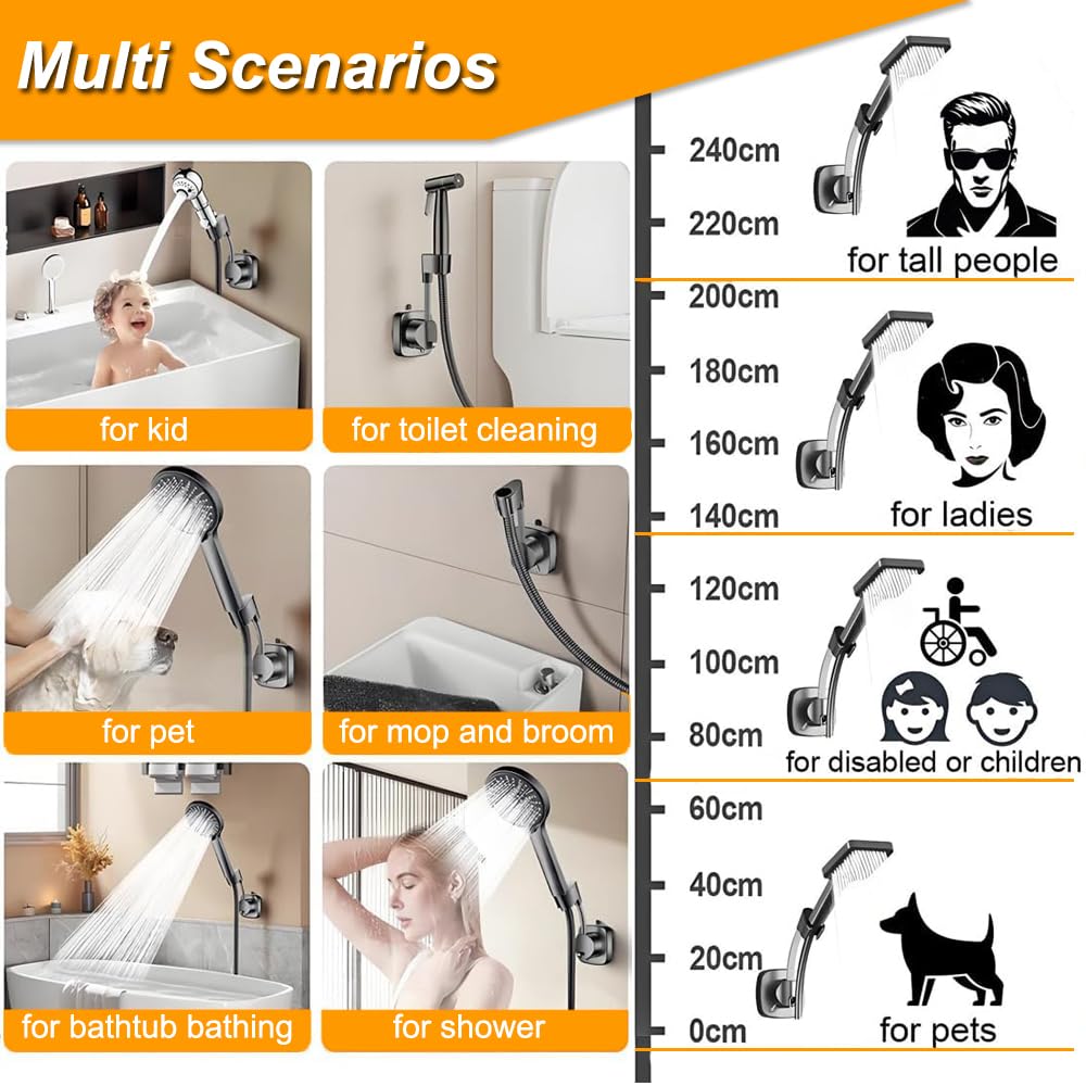 Shower Head Holder Wall Mounted, 360° Adjustable Handheld Shower Head Bracket Holder, Suction Cup Installation Shower Wand Holder, Multi-Directional Removable Wall Mounted Suction Bracket - Black