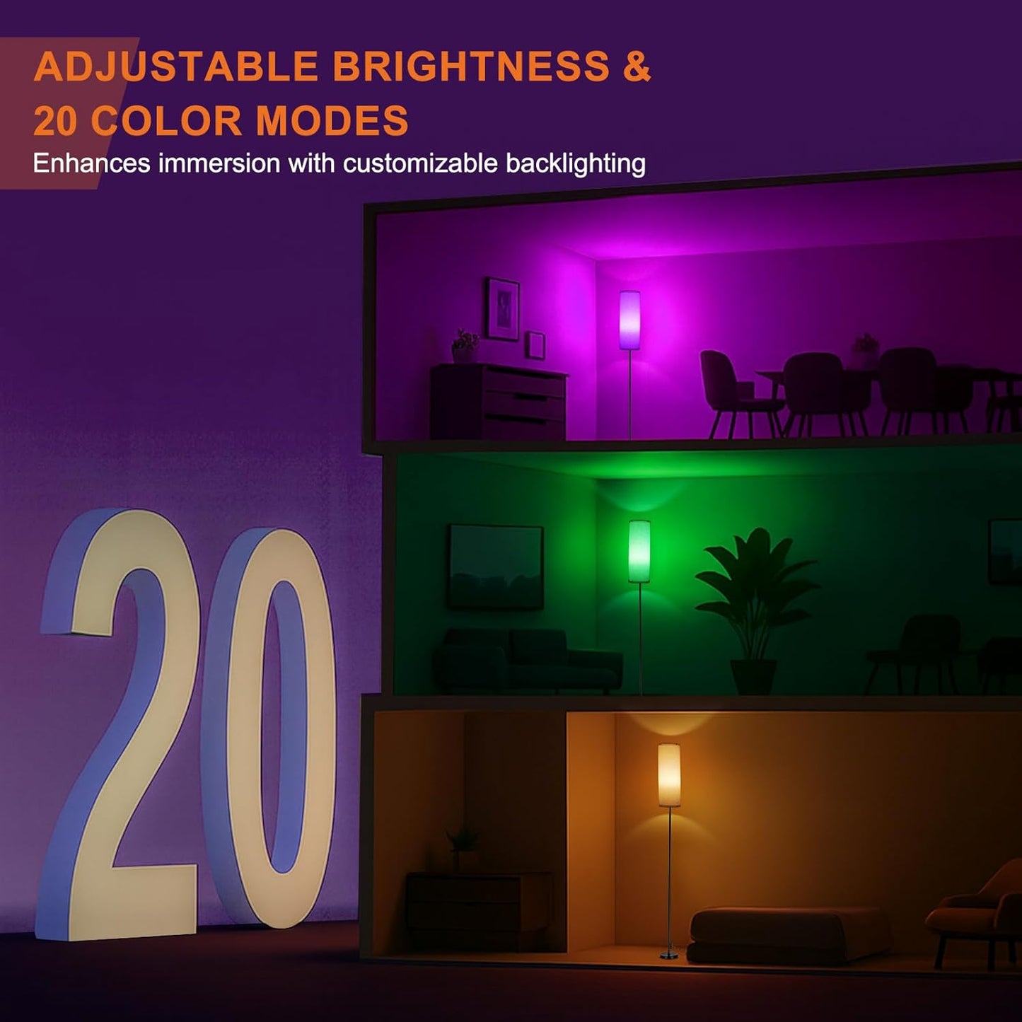 Modern Dimmable Floor Lamp with Remote - RGB Smart Bulb for Living Room, Bedroom & Office