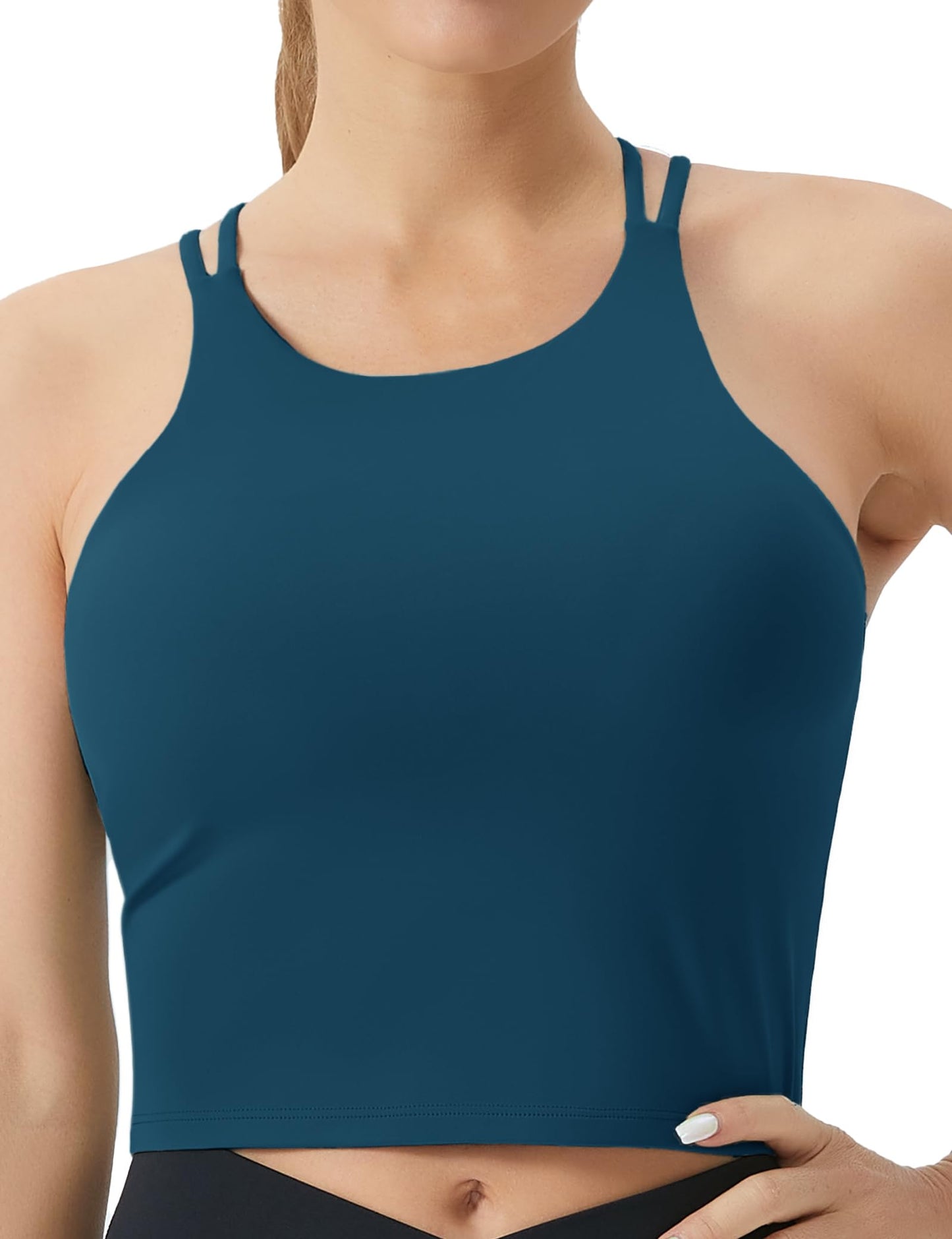 THE GYM PEOPLE Women's Cross Back Sports Bra Halter Neck Workout Crop Tank Tops with Removable Pads Dark Blue Green