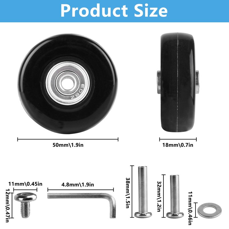 4 Pcs Luggage Replacement Kit, 50mm x 18mm Rubber Replacement Wheels, Luggage Suitcase Replacement Wheels Repair Kit for Suitcase Inline Skate Caster Board