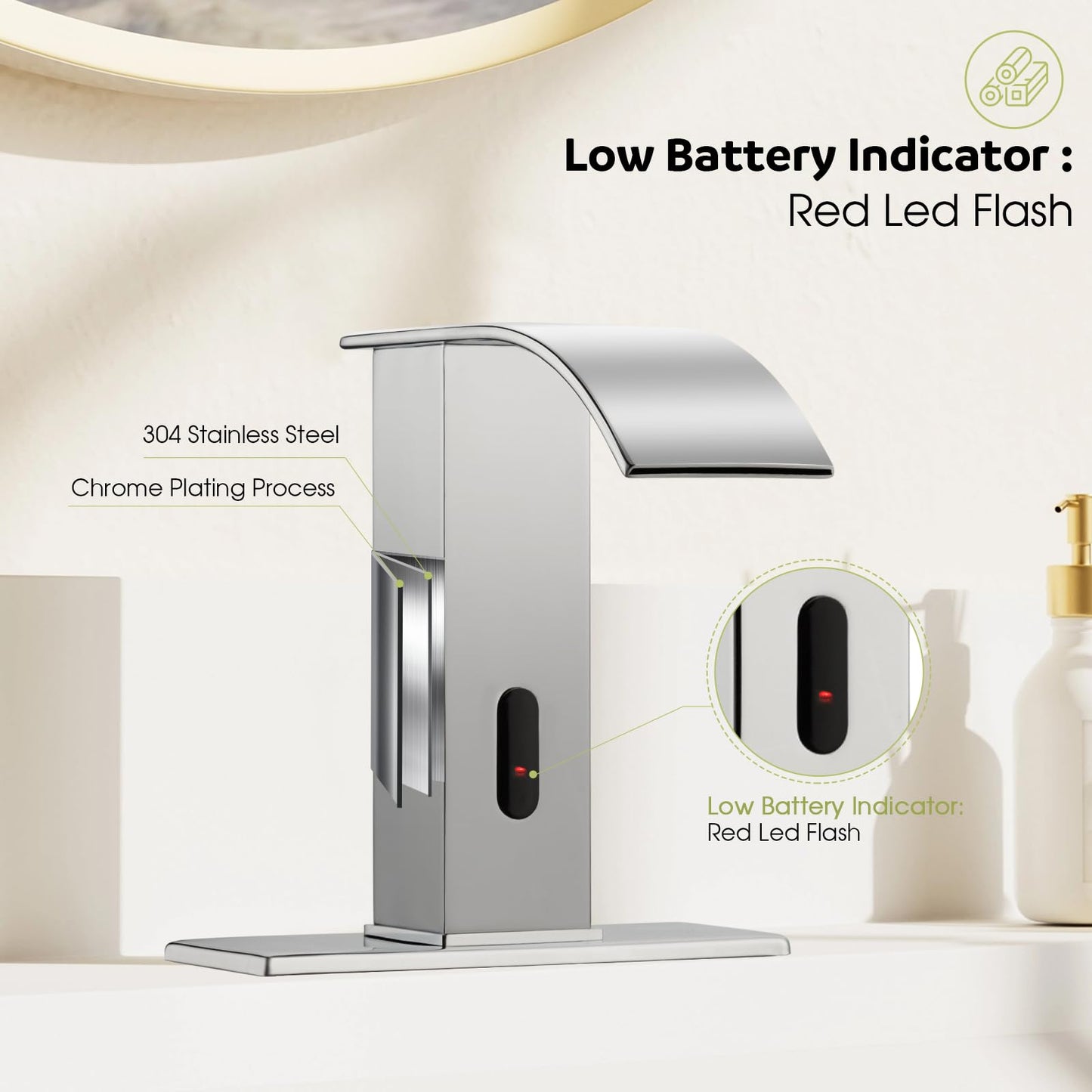 Automatic Motion Sensor Faucet with Waterfall Spout,Stainless Steel Sink Faucet with Hole Cover Plate (Regular, Chrome)