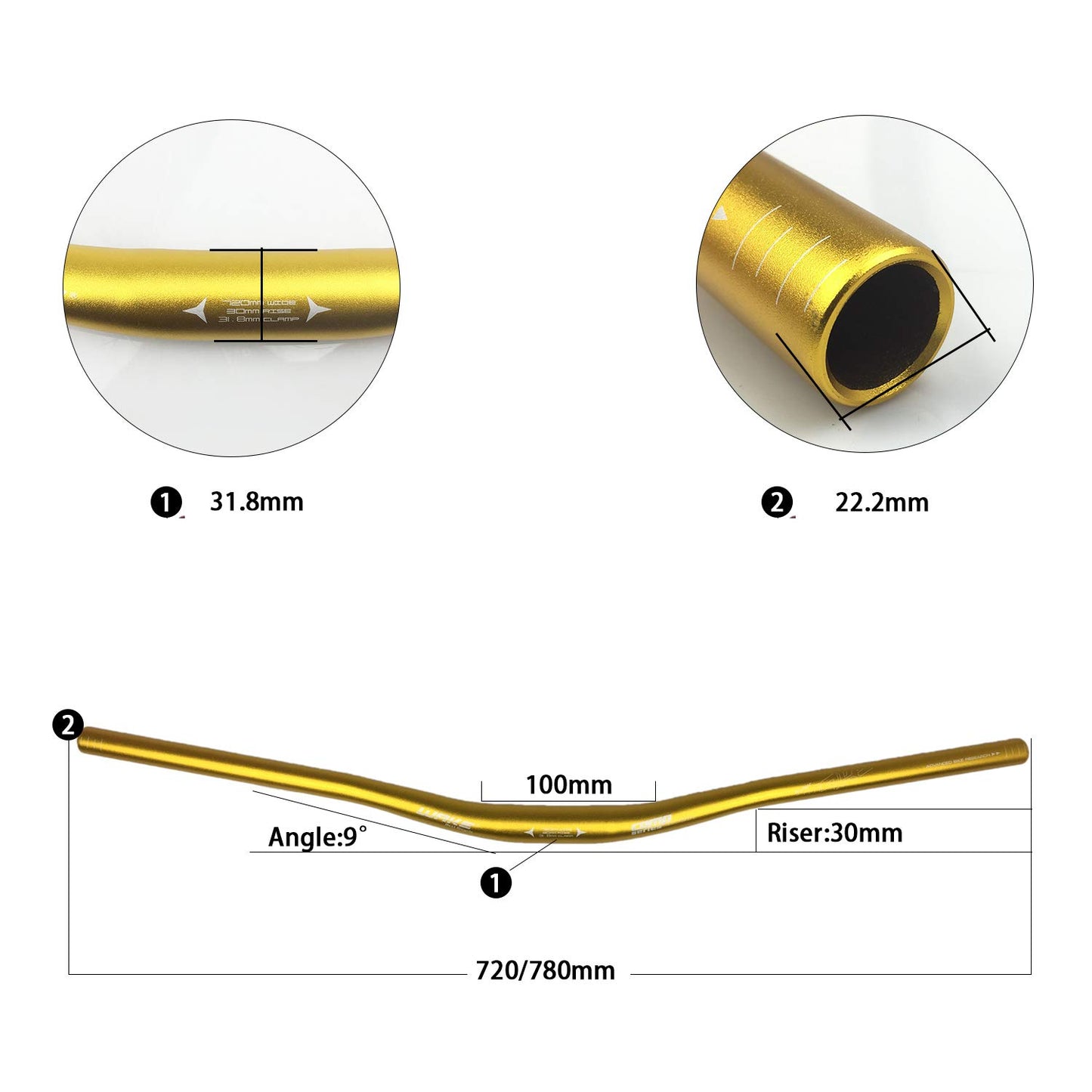 Wake 31.8mm MTB Mountain Bike Handlebar, Aluminum Alloy Mountain Bike Bicycle Riser Handlebar Extra Long 720/780mm with Paint Matte Surface (Gold, 780mm)