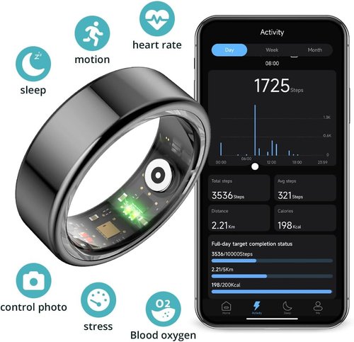 COLMI R02 Smart Ring - Heart Rate & Sleep Health Monitoring | Charging Case Included (Black, Size 7)