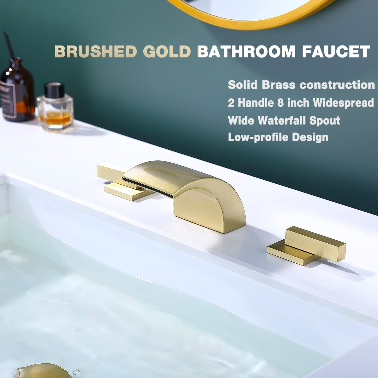 TRUSTMI 8 Inch Widespread Bathroom Faucet Brushed Gold - 2 Handle 3 Hole Lavatory Vanity Sink Faucet with Overflow Pop-Up Drain, Spot Resist, 3.14" Height, 2.7" Wide Waterfall Spout