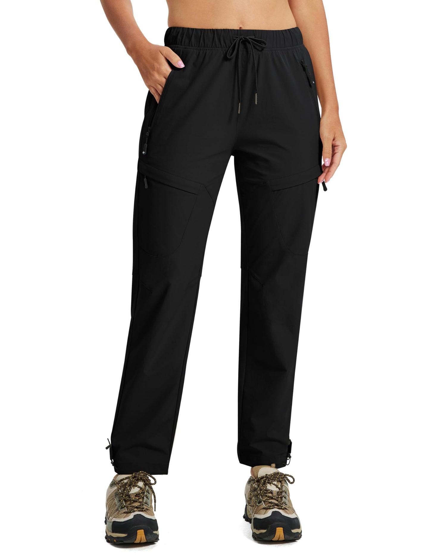 MoFiz Hiking Cargo Pants Womens Waterproof Lightweight Quick Dry Cargo Hiking Joggers Travel Outdoor Work Trip Stretchy with Zipper Pockets Black L