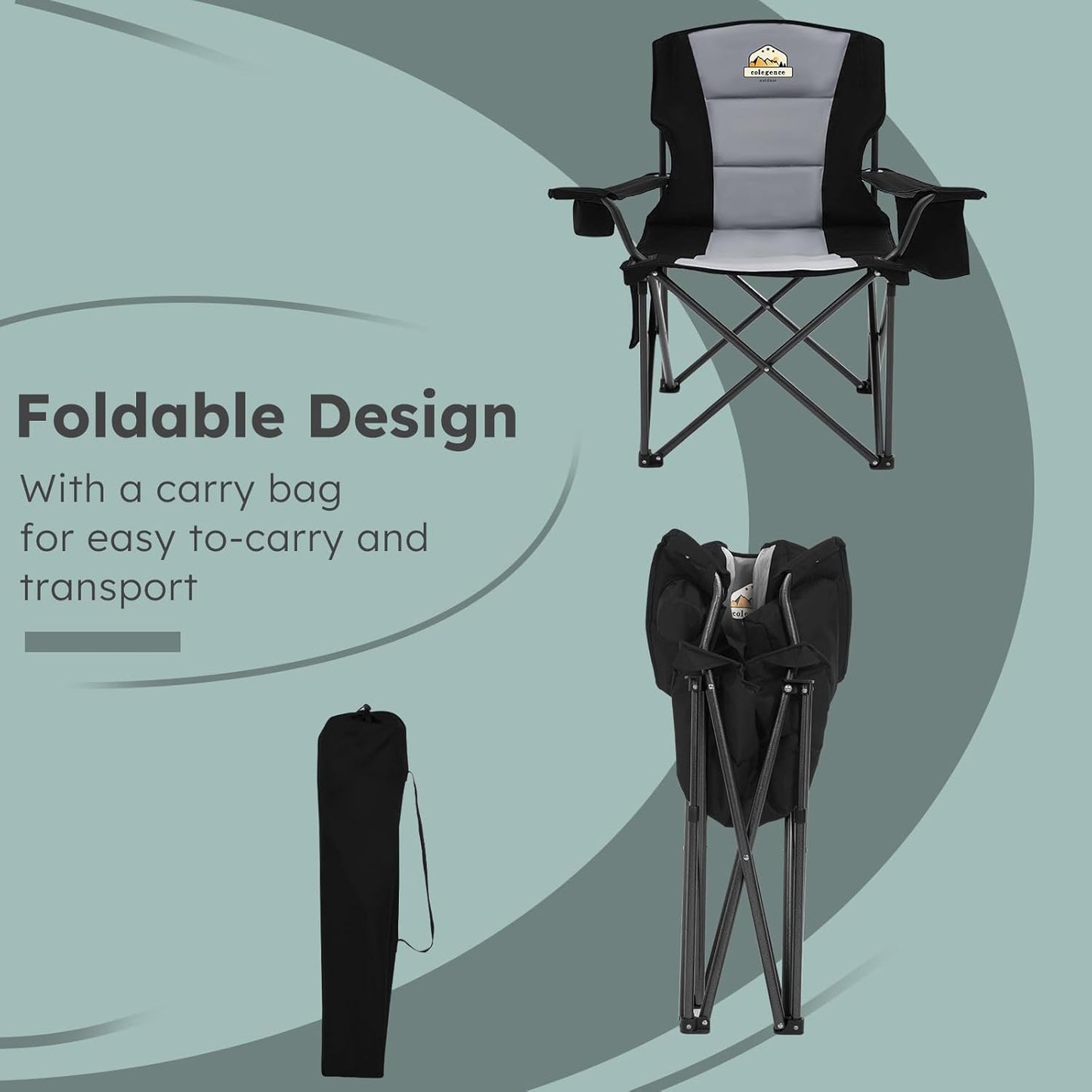 Skiennix Oversized Camping Chairs - Heavy Duty 450lbs Support | Portable Folding Camp Chairs - Black, 2 Pack