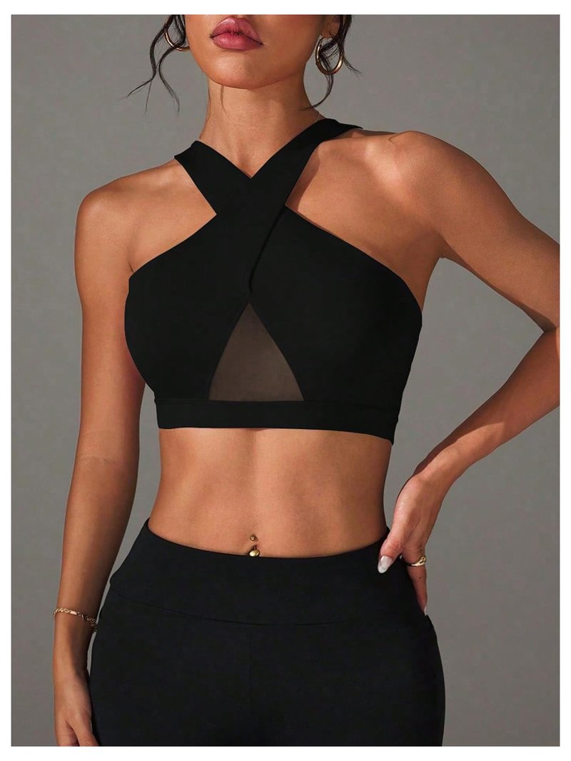 SweatyRocks Women's Criss Cross Mesh Sport Bra Racerback Workout Yoga Crop Tank Top Black Large