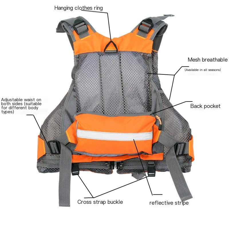 Fly Fishing Vest with Foam - Adjustable Safety Life Jacket - Orange