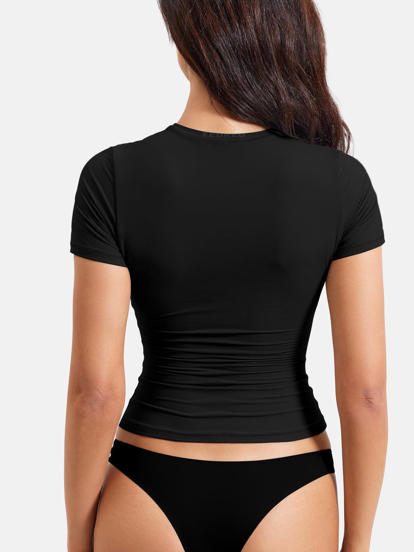 YEOREO Women Fitted Workout Tops Short Sleeve Double Lined Basic Y2K Going Out Crew Neck Compression Crop Top Black M