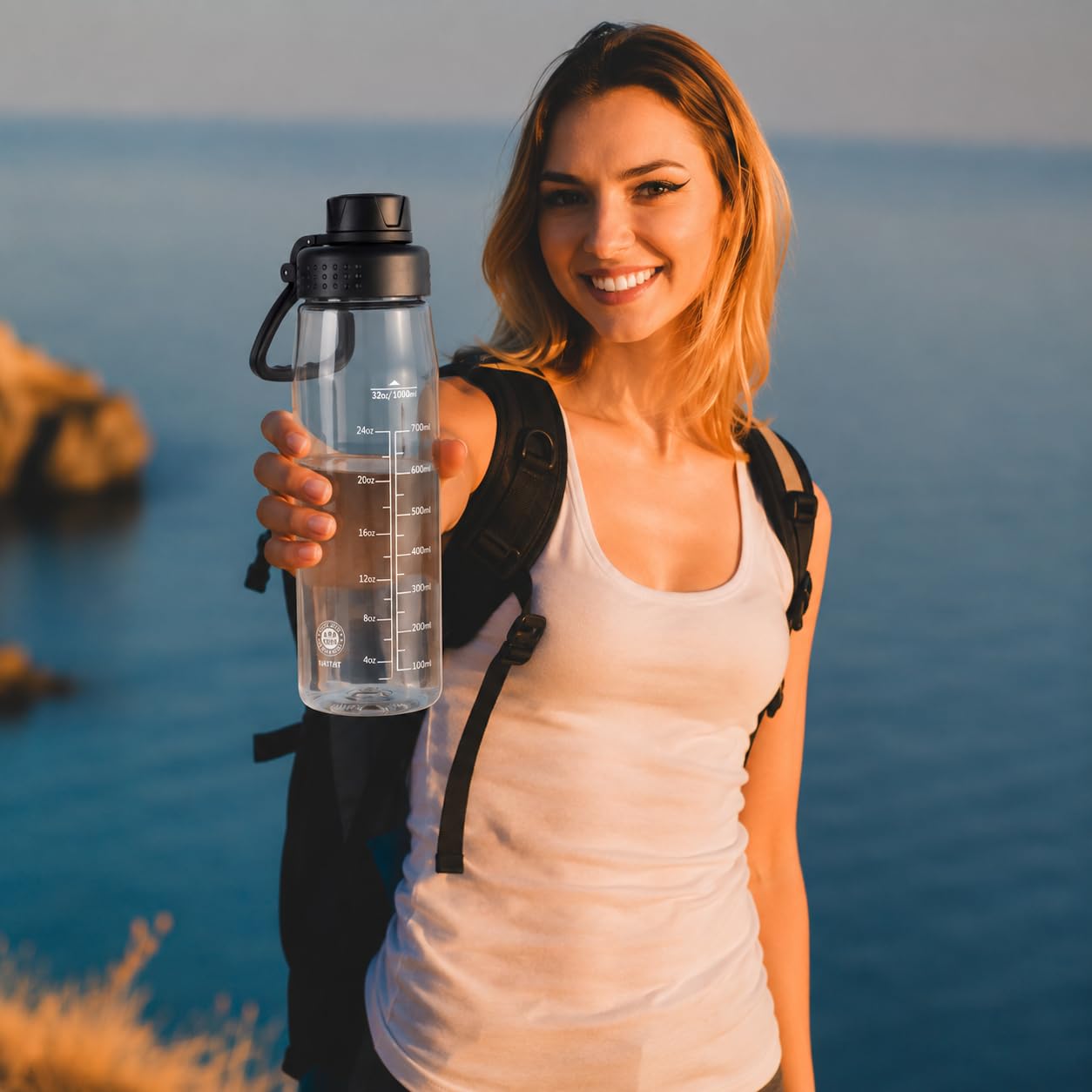 Edmyre 32oz Clear Water Bottle - BPA-Free Tritan Plastic, Fast Flow Spout Lid, Wide Mouth & Leakproof Design Hiking Water Bottle Suitable for Travel, Outdoors, Gym, Travel, Home, School(Clear-Black)