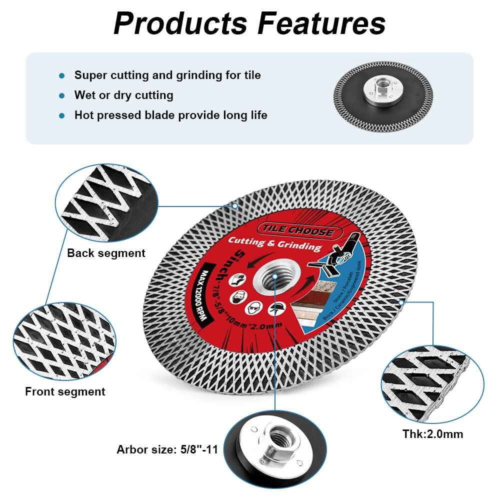 Diapro 5" Tile Turbo Saw Blade Diamond Blade with 5/8"-11 Arbor for Cutting and Grinding Porcelain Tile Granite Marble…
