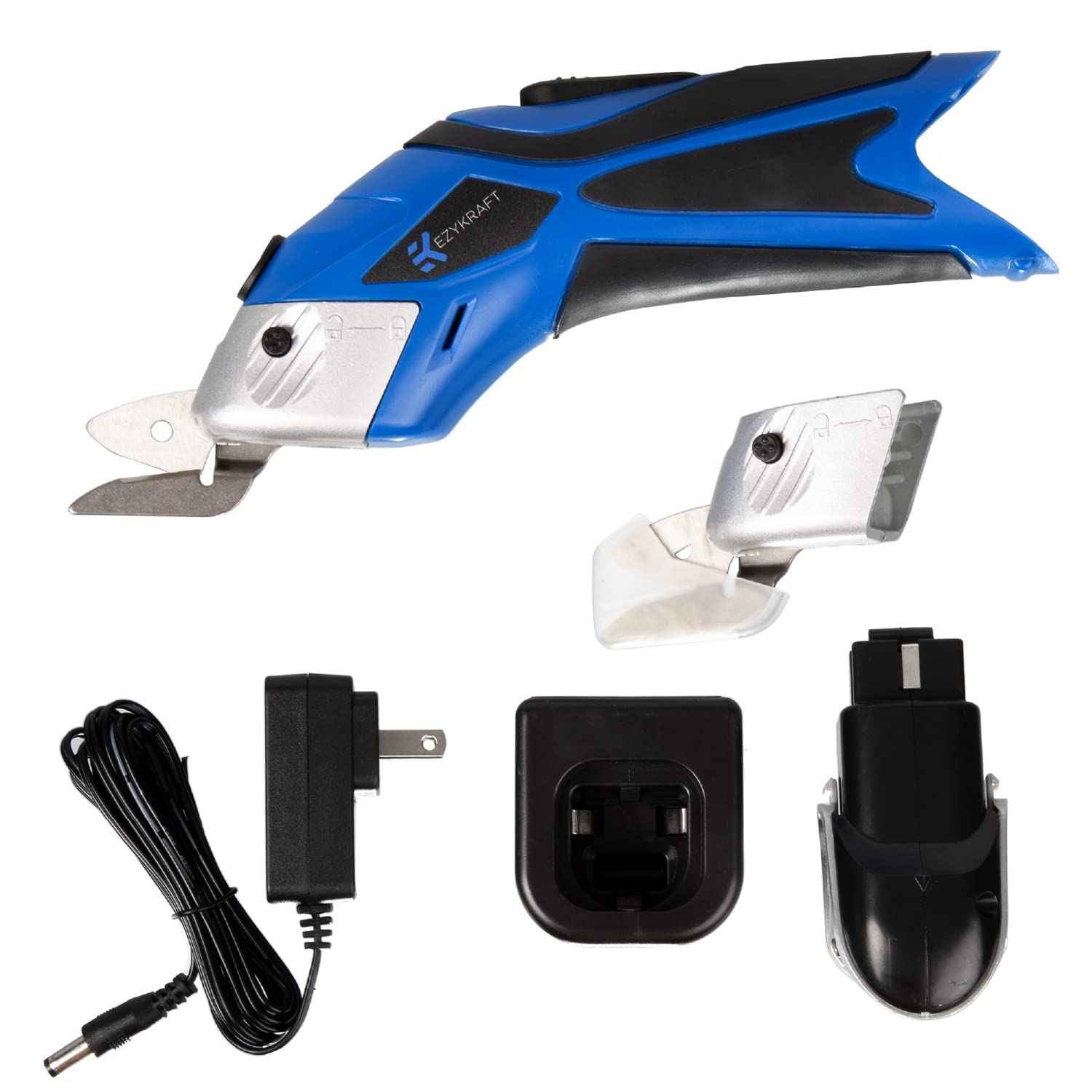 Cordless Electric Scissors for Cutting Fabric - Multifunctional Craft & Cardboard Scissors With Stainless Steel Blades & Replacement- 3.6V Lithium Ion Battery - Includes Charging Cable - Blue/Black