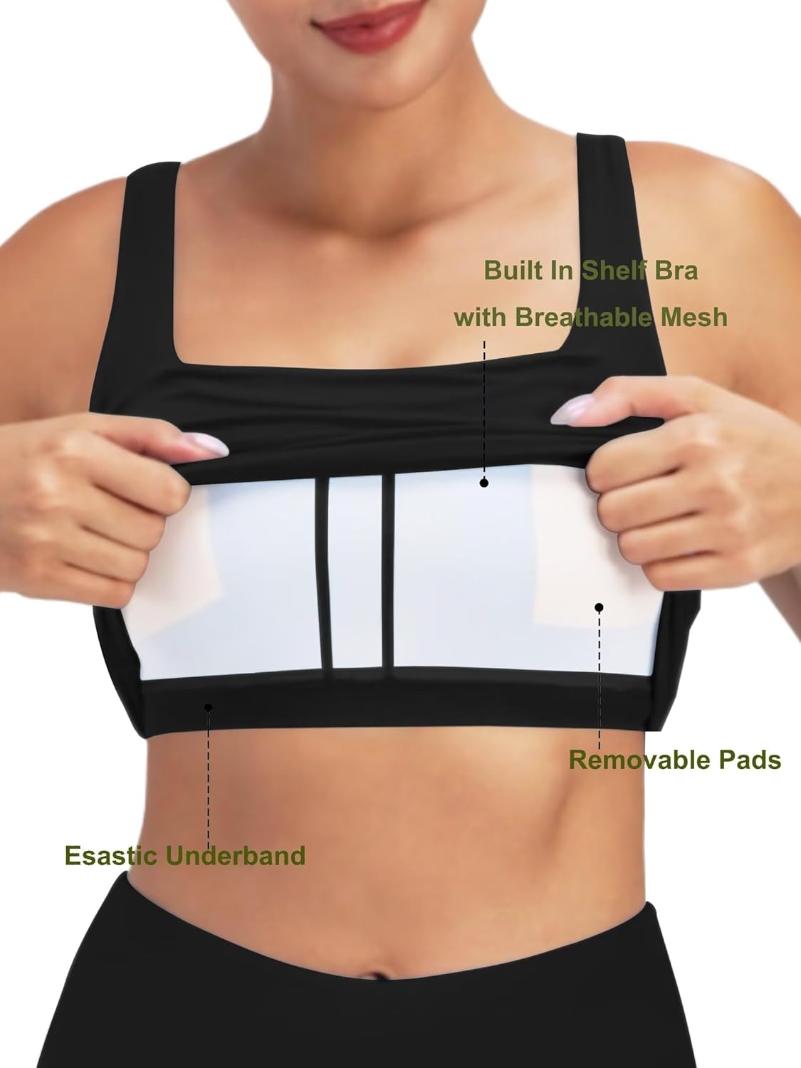 Sunzel Square Neck Longline Sports Bra - Padded Yoga Crop Tank Top with Wide Straps for Women