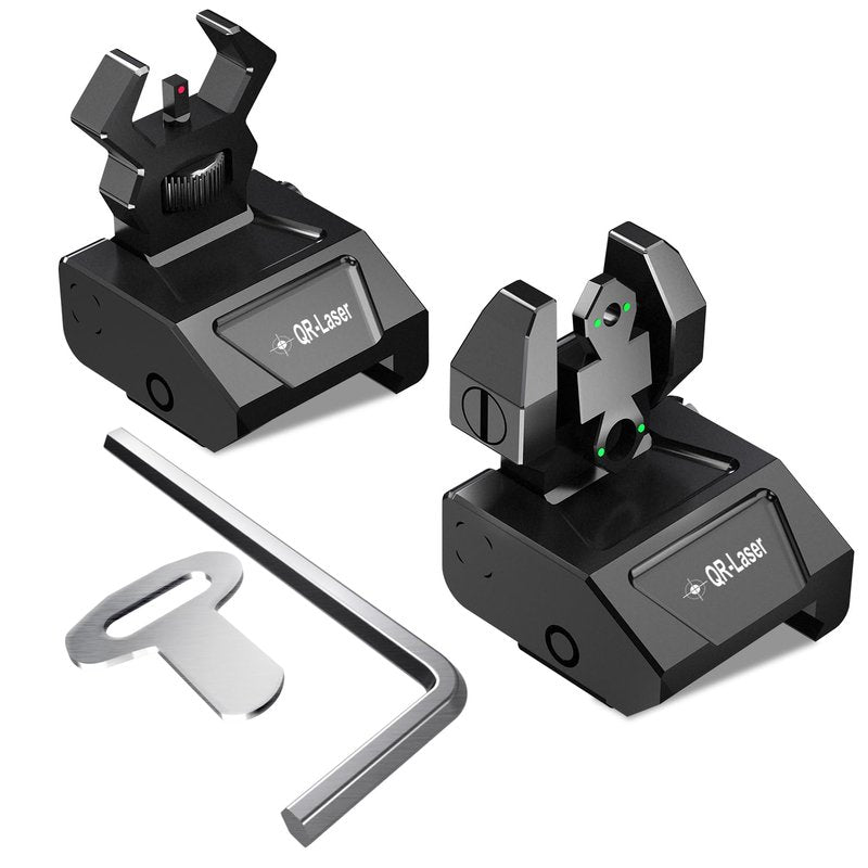 QR-Laser Tactical Flip Up Iron Sight Low Profile Front Rear Dot Sight Compatible for Picatinny Rail and Weaver Rail of Rifle, Premium Foldable Sights Double Aperture Spare Scope Backup Sight Set