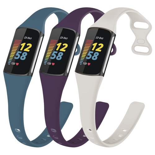 TopPerfekt Slim Bands Compatible with Fitbit Charge 6 Women Men, Adjustable Soft Silicone Sport Replacement Watch Band Straps Wristbands Bracelet for Charge 5 (3-Deep purple/Steel blue/Off-white)