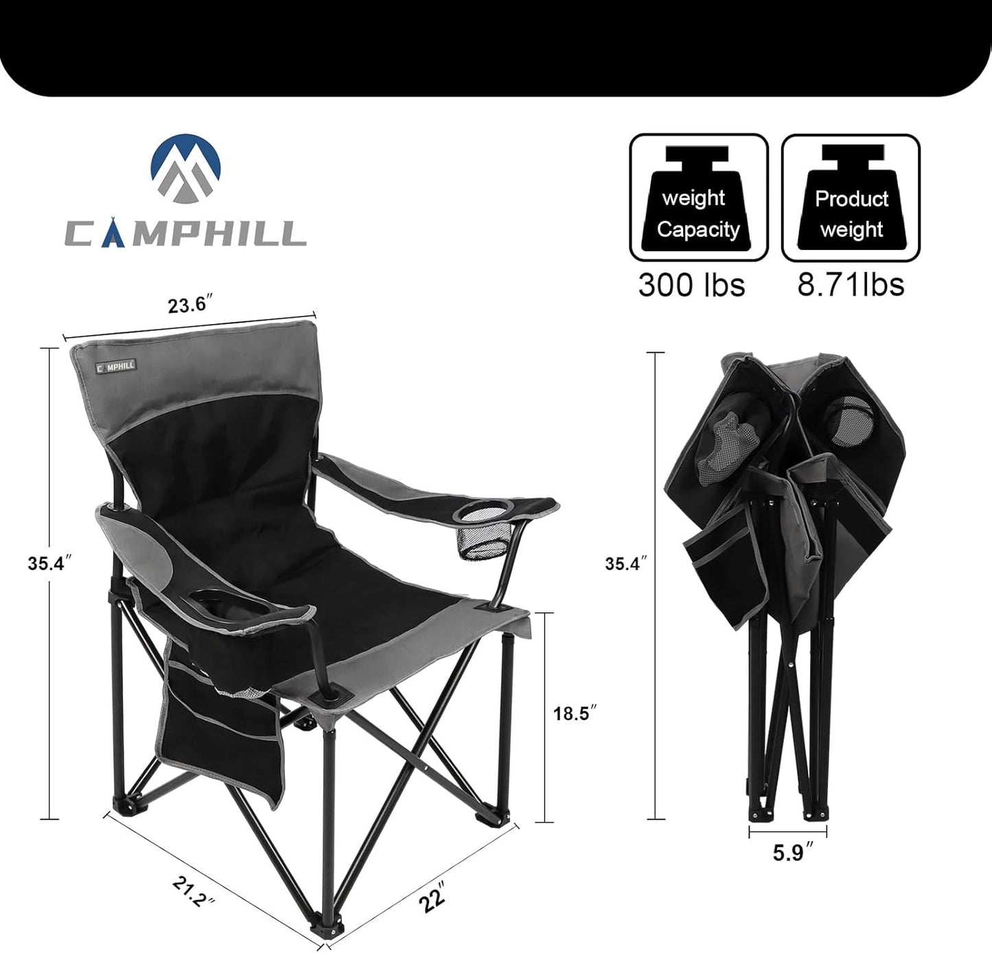 Skiennix Oversized Portable Camping Chair - Collapsible Design with Pocket & Cup Holders | Includes Carry Bag