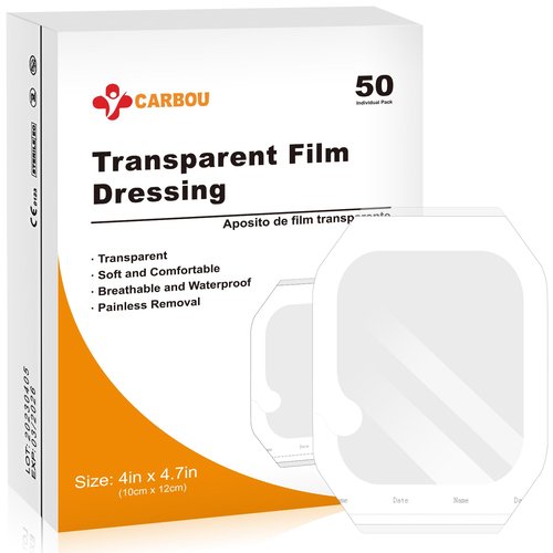 Carbou Transparent Film Dressing,4" x 4.75" Pack of 50 Waterproof Wound Bandage Adhesive Patches,Post Surgical Shower or IV Shield,Tattoo Aftercare Bandage