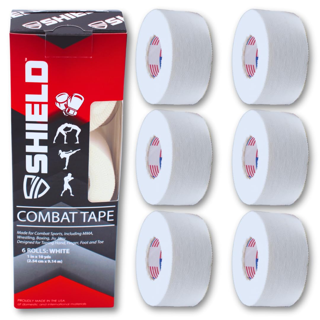 SHIELD Combat Tape | Boxing Tape for Hands, USA Made, Athletic Tape 1 inch, Easy-Tear, 1" Inch x 10 Yards, 6 Pack, Boxing MMA, Muay Thai, White