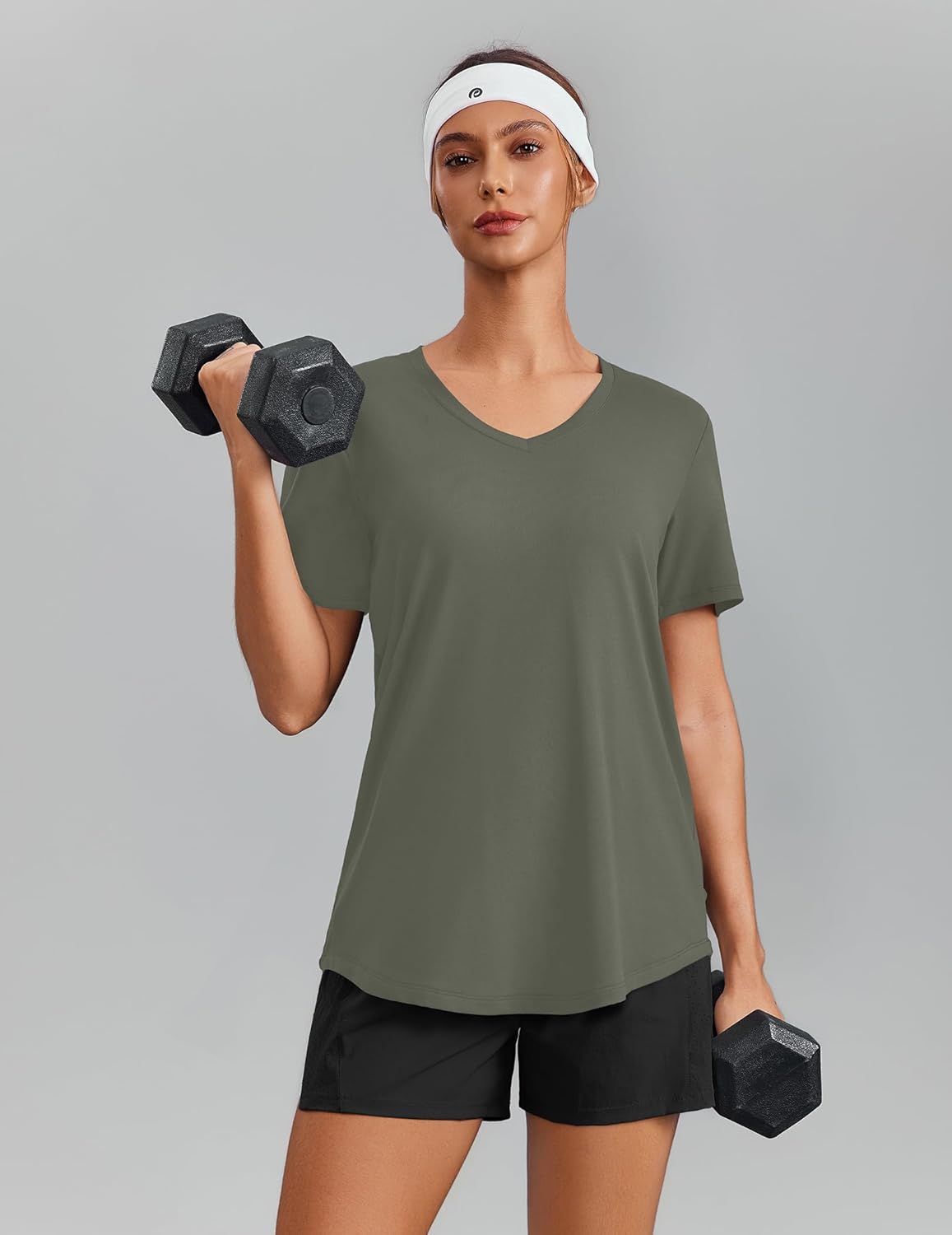PINSPARK Soft Workout Tops for Women - Short Sleeve V Neck | Moisture Wicking & UPF 50+ Sun Protection