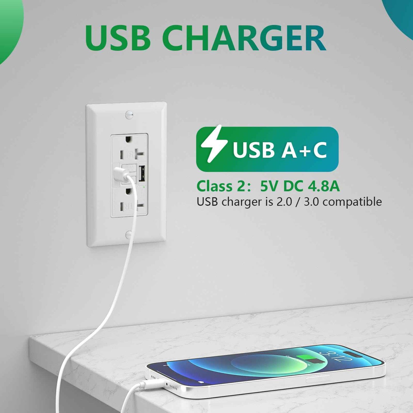 Wengart GFCI Outlet with USB in-Wall,20A Self-Test with LED Indicator Tamper Resistant DC5V 4.8A Charger Outlet with USB Type A & TypeC,White
