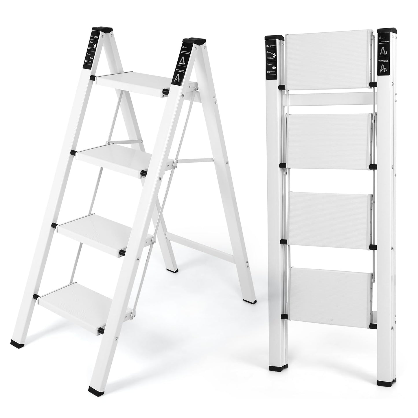 FAHKNS 4 Step Ladder, Aluminum Folding Step Stool with Anti-Slip Sturdy and Wide Pedal, Portable Space Saving Closet Step Stool for Home and Kitchen, Step Stools for Adults, White, 330Lbs