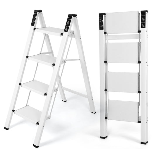 FAHKNS 4 Step Ladder, Aluminum Folding Step Stool with Anti-Slip Sturdy and Wide Pedal, Portable Space Saving Closet Step Stool for Home and Kitchen, Step Stools for Adults, White, 330Lbs
