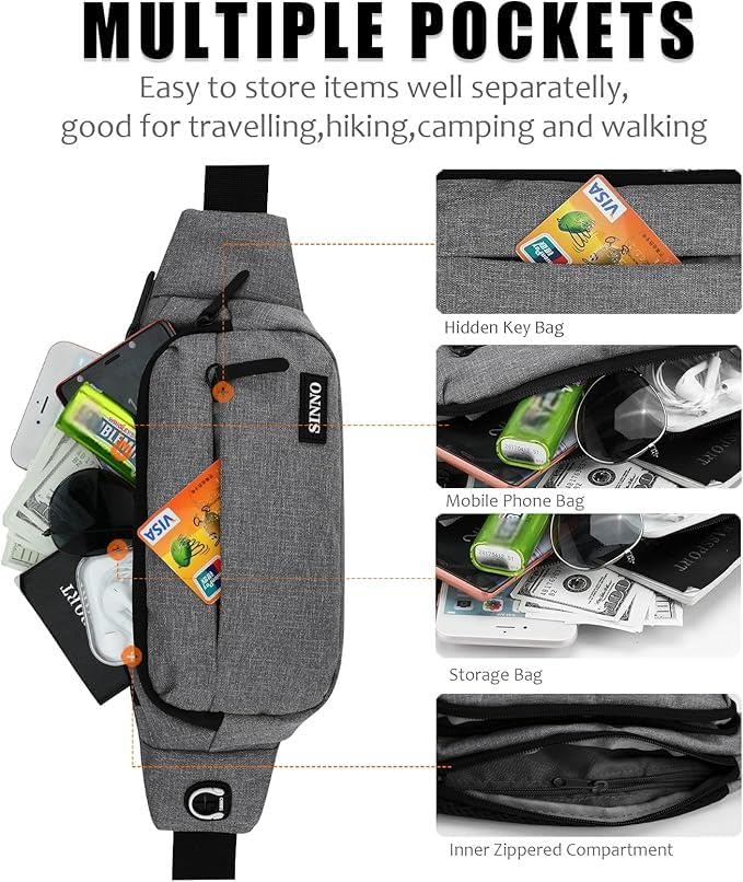 SINNO Large Crossbody Fanny Pack for Women Men - Gray Belt Bag with 4 Zipper Pockets for Travel Running Hiking Outdoors