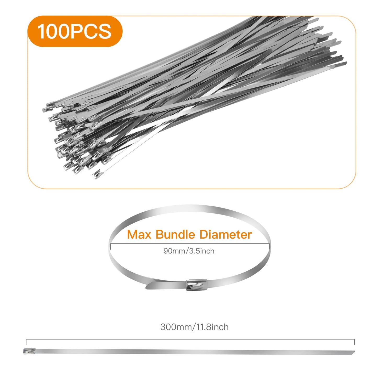 TOMSHUB 100 Pcs Metal Zip Ties 11.8 inch 304 Stainless Steel Zip Ties Heavy Duty Outdoor Multi-purpose Self-locking Cable Ties for Exhaust Wrap, Chain Link Fence, Machinery, Vehicles,Farms, Pipes