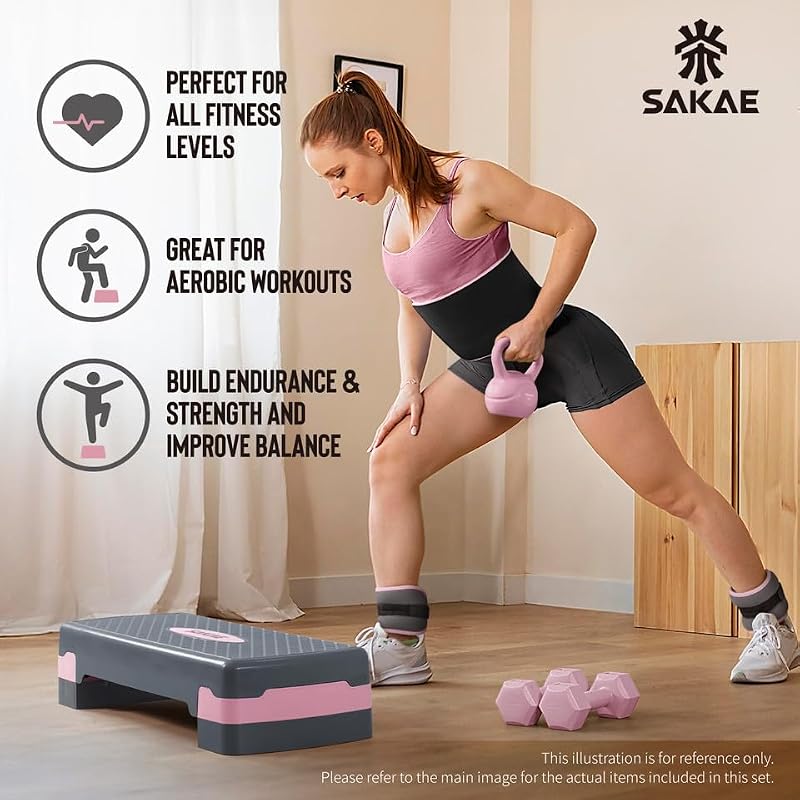 Adjustable Height Aerobic Stepper Set with Dumbbells & Kettlebell - Pink Grey