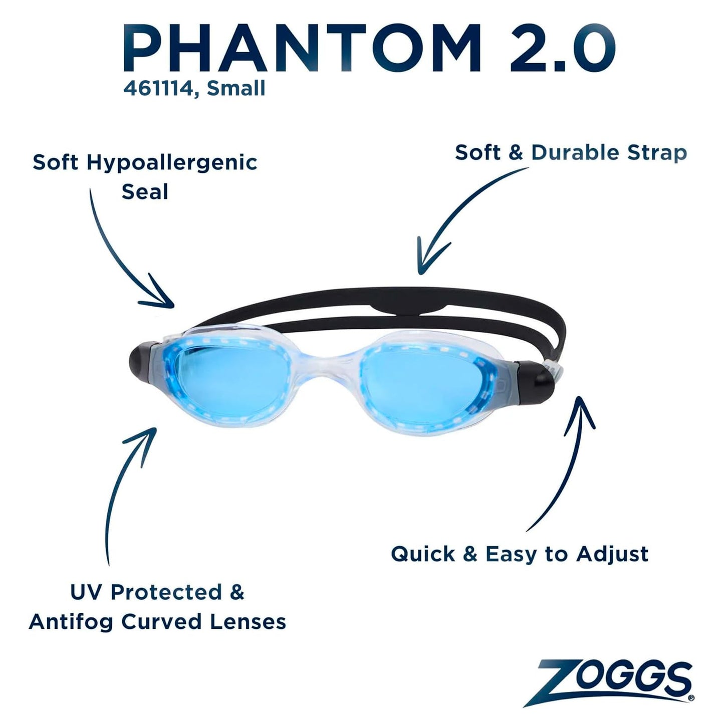 Zoggs Adult Unisex Phantom 2.0 S Anti-Fog UV Protection Wide Vision Curved Lens Quick-Adjust No-Leak Swimming Goggles, 461114, Clear/Gray - Tint Blue Lens