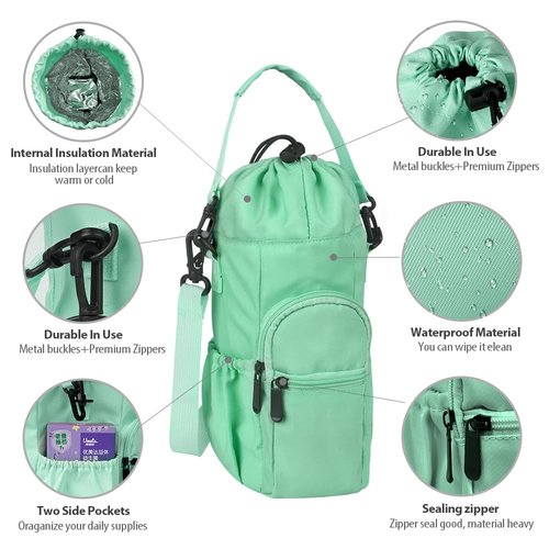 AMIVIE Water Bottle Carrier Bag,32/40oz Water Bottle Holder with Strap,with Adjustable Shoulder Strap 2 Pockets Sports Water Bottle Accessories for Hiking Travelling Camping (Green)