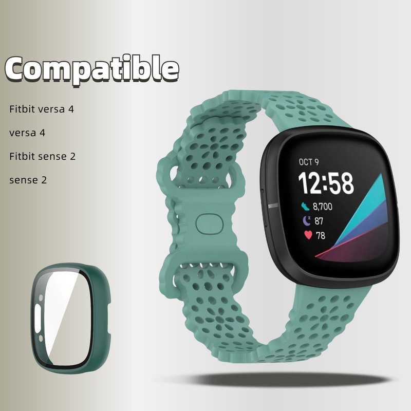 QHBAMD Silicone Breathable Strap Compatible for Fitbit Versa 4/Sense 2 Watch Band, Protection PC Case Cover for Versa 4/Sense 2 (Green,Medium)