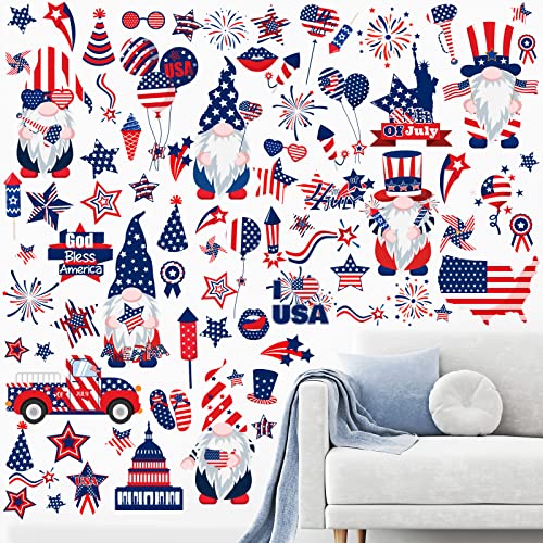 Patelai 6 Sheets 4th of July Decoration Patriotic Wall Stickers Independence Day Wall Decals American Flag Star Red White Blue Clings Memorial Day Window Clings for Patriotic Party Favors Decor(Gnome)