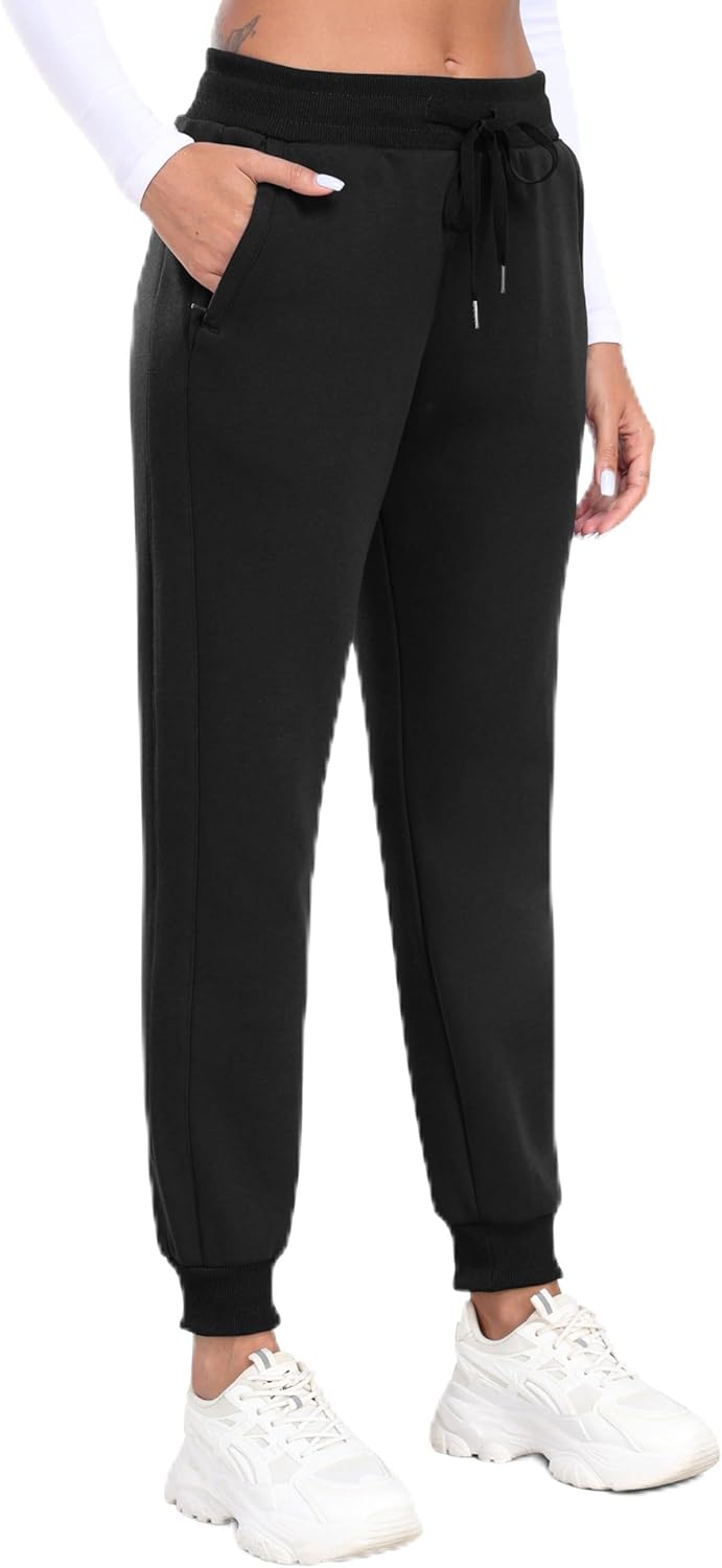 MoFiz Women's Fleece Lined Joggers - Thermal Water Resistant Sweatpants for Winter Workouts | Black, Size L