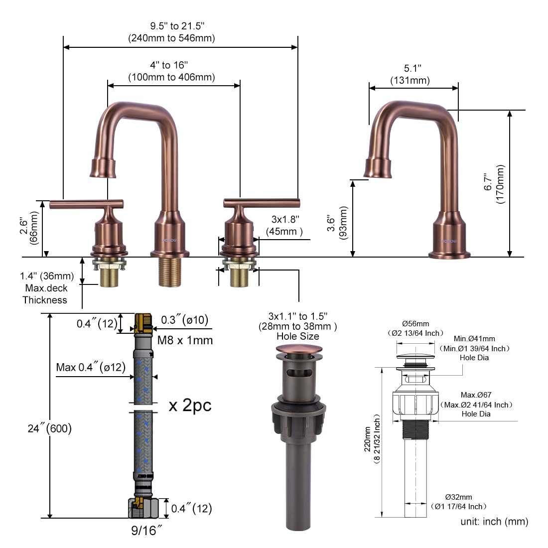 WOWOW Widespread Bathroom Faucet 3 Holes Bathroom Sink Faucet 2 Handle Vanity Faucet with Pop up Drain and Supply Lines Farmhouse Basin Tap 8 Inch Rose Gold