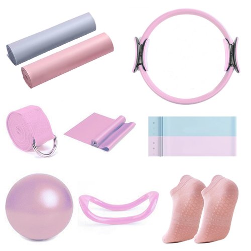 Lulong Pilates Ring Circle Set 10 pcs Pilates Equipment Accessories for Home Workouts 9.8” Pilates Ball 12” Magic Circle Yoga Ring and Resistance Bands for Women Pilates Ring and Ball Set Gift (Pink)