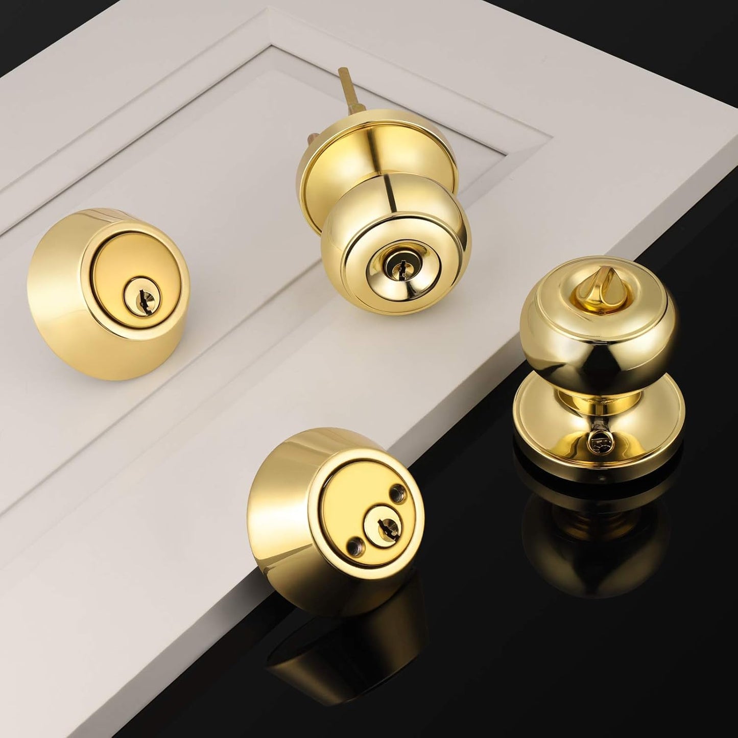 Brotima 4 Pack Round Polished Brass Entry Door Knobs and Deadbolt Combination Set, Double Cylinder Deadbolt Door Lock Set, Keyed Alike, ANSI Grade 3 Security, 250,000 Cycles