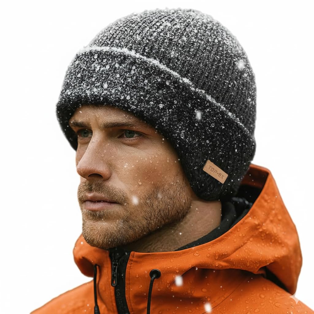TOP-EX Winter Wool Beanie Hat with Ear Flap for Men Fleece Lined Waterproof Warm Cold Weather Thermal Knit Hat Snow Outdoors Gifts Big Head Grey X-Large XX-Large XL XXL