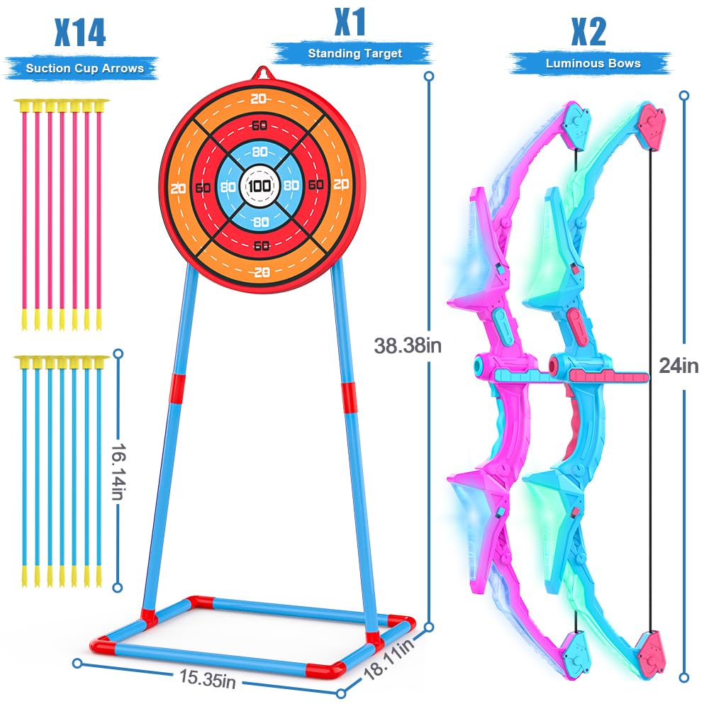 Polkoliye 2 Pack of Kids Bow & Arrow Set, Light Up Archery Toy Set with 14 Suction Cup Arrows Standing Target, Perfect Indoor Outdoor Toys Birthday Gifts Ideas for Boys Girls, Medium