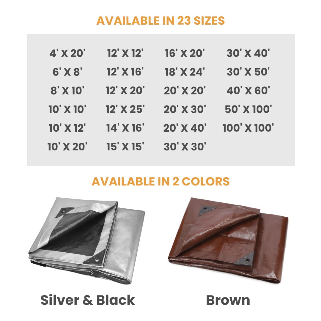 WHITEDUCK Super Heavy Duty Poly Tarp Cover 16 Mil & 10 Mil with Grommets and Reinforced Edges (Brown, White & Silver Black) (Brown- 16 Mil, 12' x 25')